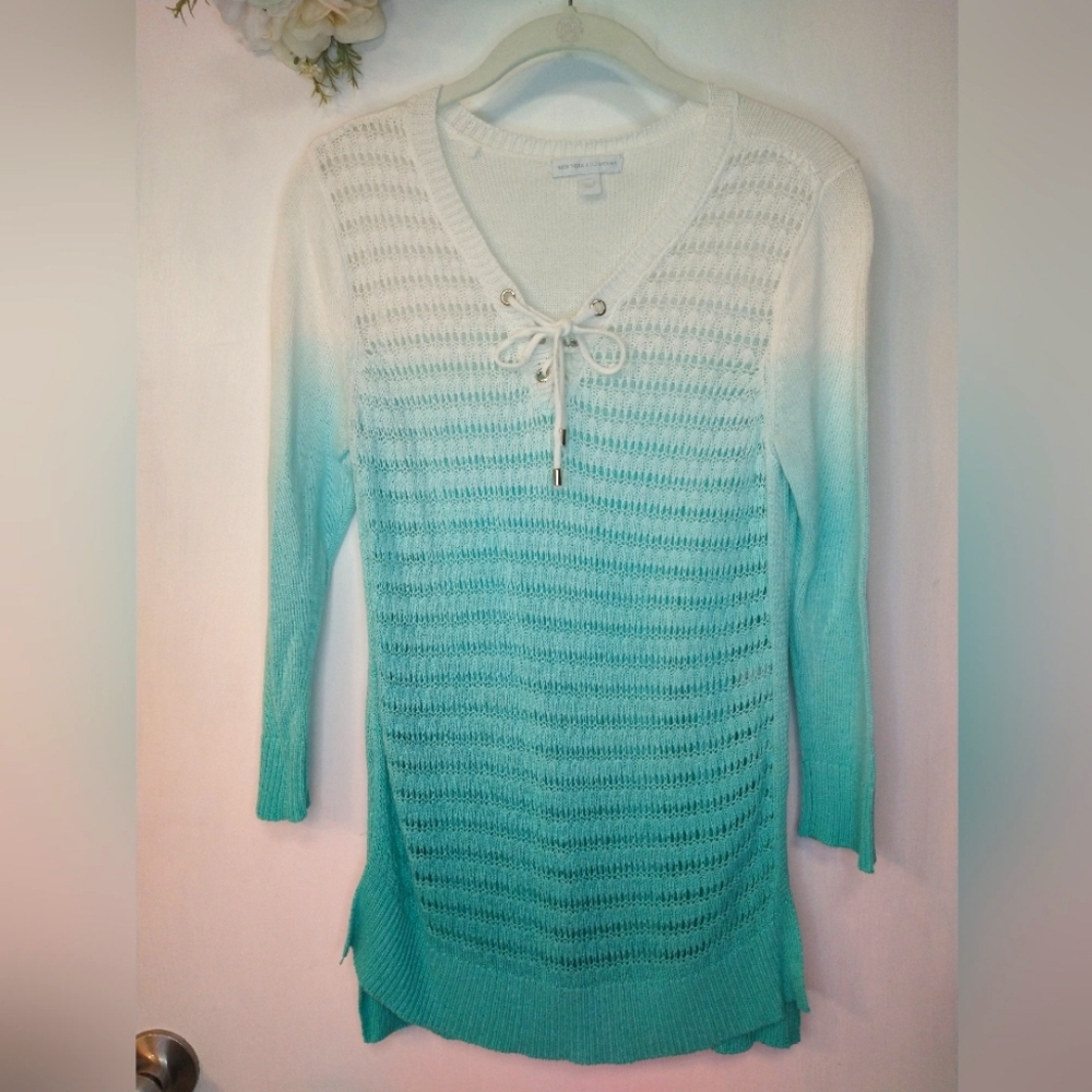 New York & Company White & Blue Ombre Semi Sheer Loose Knit Sweater